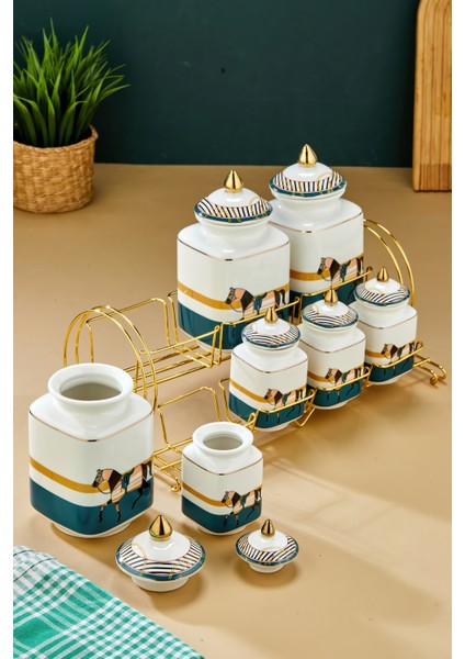 Gold Standlı 7'li Lüks Porselen Baharatlık Seti – Zebra Desenli fiyatları