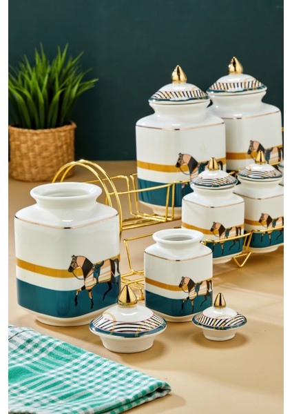 Gold Standlı 7'li Lüks Porselen Baharatlık Seti – Zebra Desenli modelleri