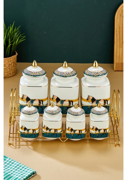 Gold Standlı 7'li Lüks Porselen Baharatlık Seti – Zebra Desenli fırsatları