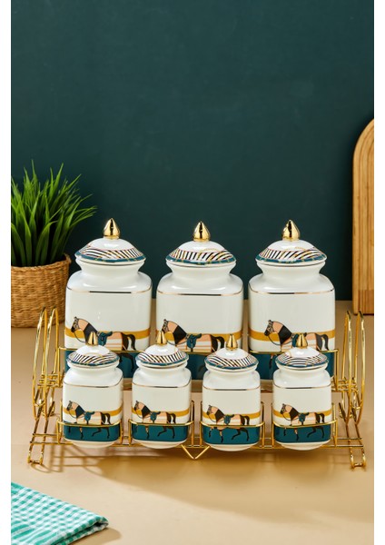 Gold Standlı 7'li Lüks Porselen Baharatlık Seti – Zebra Desenli