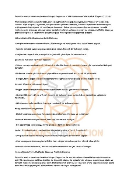 Bfs Inox Lavabo Köşe Süzgeci Organizer 304 Paslanmaz Çelik