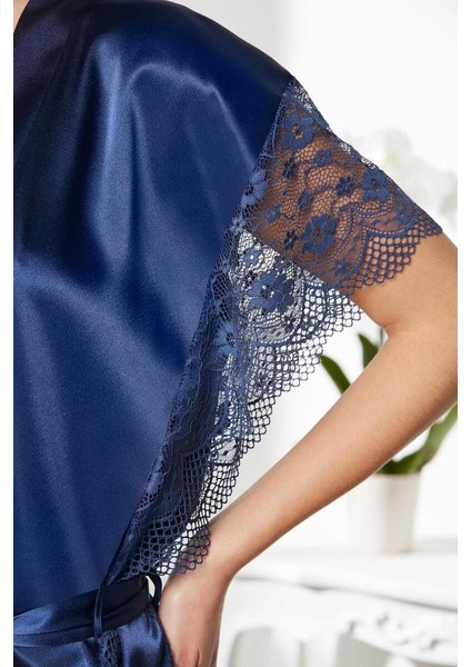 Lacivert Saten Dantelli Gecelik Sabahlık Takım 4438 modelleri