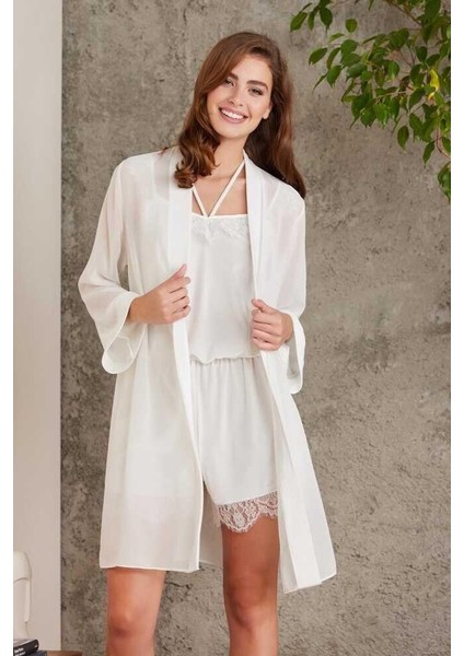 Dantelli Kadife Tulum Sabahlık Takım 4800 Ekru