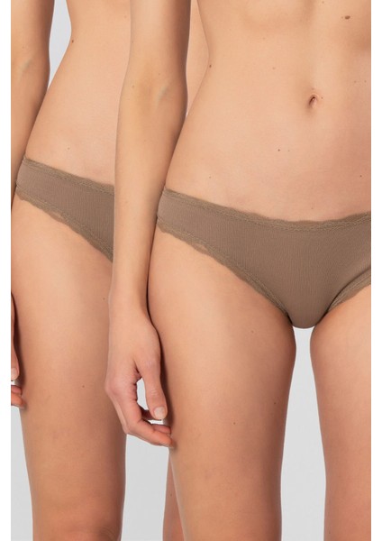 Kadın Likralı Ribana Dantelli Bikini Külot 2'li Paket 928/VIZON
