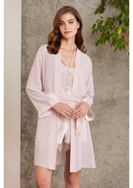 Dantelli Kadife Tulum Sabahlık Takım 4800 Pudra
