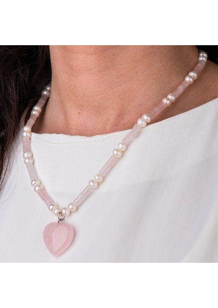 Pembe Kuvars ve Inci Doğal Taş Kadın Kolye