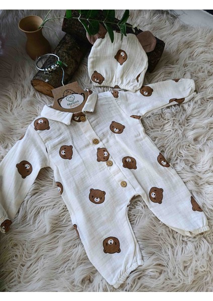 Ayıcıklı Müslin Kumaş %100 Pamuk Erkek Bebek Tulum & Şapka