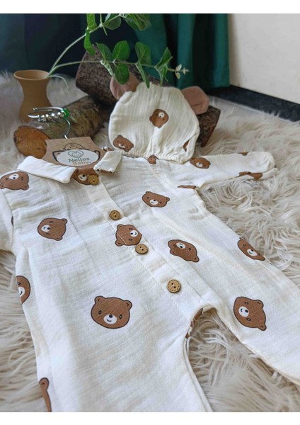 Ayıcıklı Müslin Kumaş %100 Pamuk Erkek Bebek Tulum & Şapka fiyatları