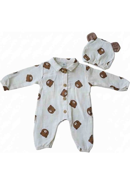 Ayıcıklı Müslin Kumaş %100 Pamuk Erkek Bebek Tulum & Şapka modelleri
