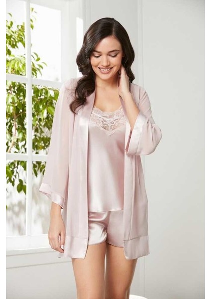 Pudra 3'lü Saten Dantelli Şort ve Şifon Dantelli Sabahlık Takımı 2475