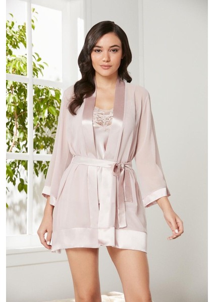 Pudra 3'lü Saten Dantelli Şort ve Şifon Dantelli Sabahlık Takımı 2475 fiyatları