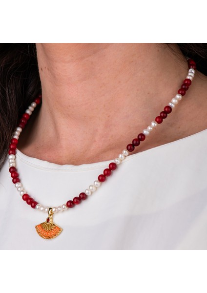 Kırmızı Mercan ve Inci Doğal Taş Kadın Kolye