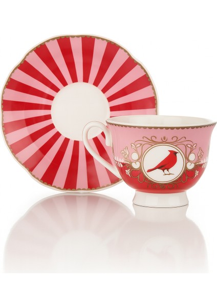 Pembe Kırmızı Desenli Kuş Figürlü Porselen Kahve Fincanı
