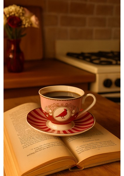 Pembe Kırmızı Desenli Kuş Figürlü Porselen Kahve Fincanı fiyatları