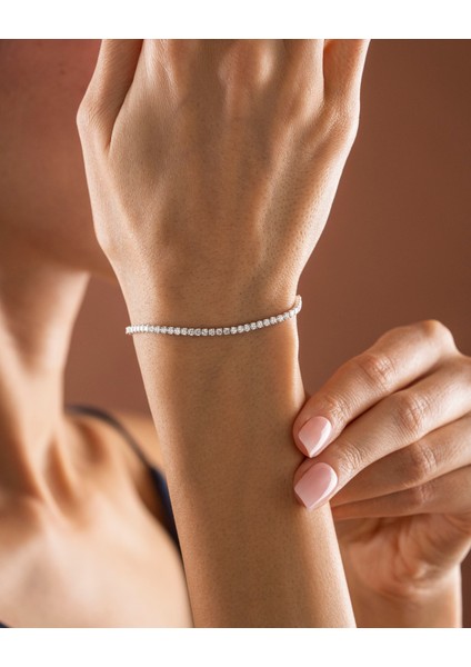 925 Ayar Gümüş Zirkon Taşlı Su Yolu Tennis Bileklik -Rodyum Gümüş Renk -Silveria Jewels