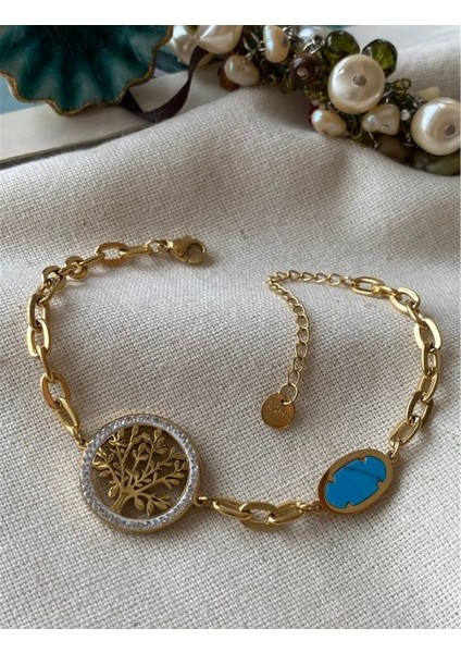 Hayat Ağacı ve Turkuaz Taşlı Çelik Bileklik