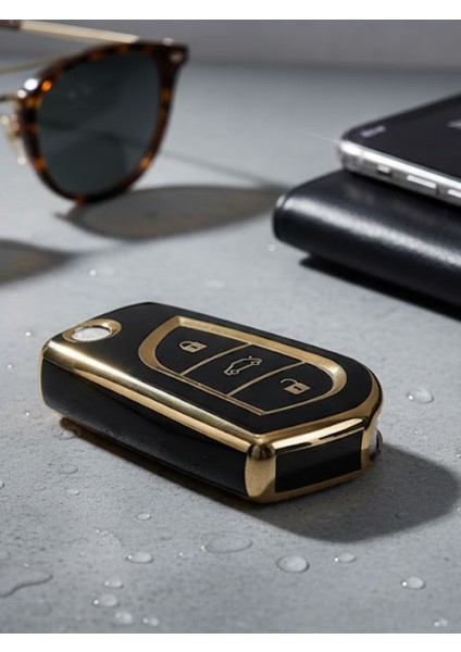 Toyota Yaris Corolla Auris Hilux Verso Avensis Ch-R Sustalı Nano Anahtar Kılıfı 3 Buton Gold-Siyah