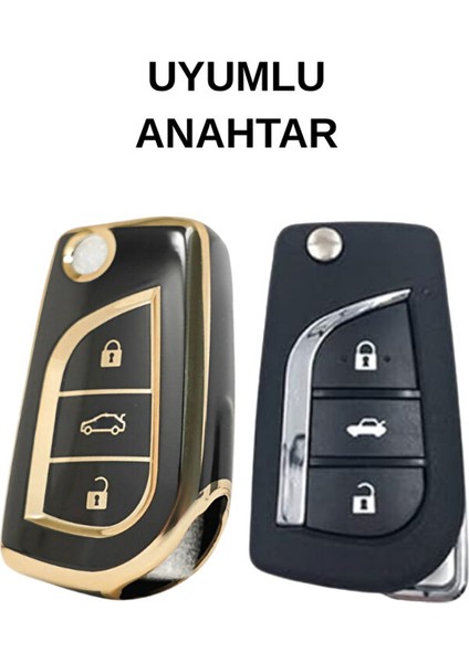 Toyota Yaris Corolla Auris Hilux Verso Avensis Ch-R Sustalı Nano Anahtar Kılıfı 3 Buton Gold-Siyah fiyatları