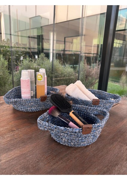 3'lü Düzenleyici Lacivert Sepet Seti – Dekoratif Saklama - Leke Tutmaz