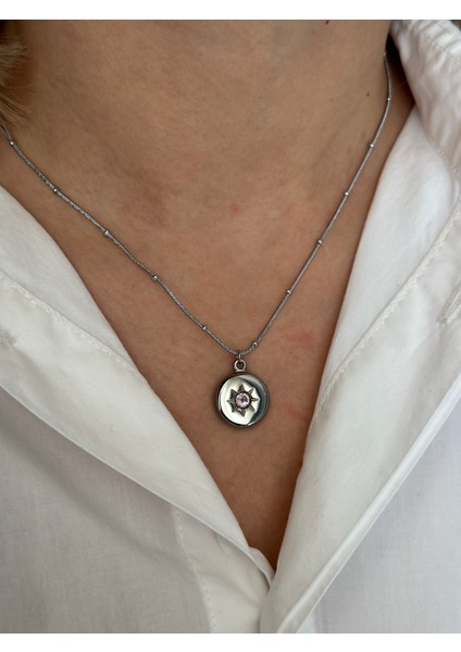 Pembe Taş Detaylı Çelik Kolye fiyatları