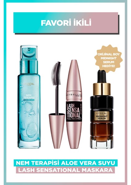 Nem Terapisi Kuru ve Hassas & Maybelline Lash Sensational Intense Black Maskara - Ekstra Siyah & L'oréal Paris Midnight Serum