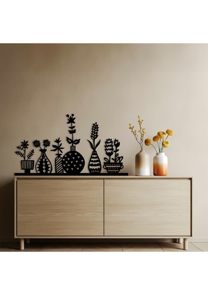 Çiçekli Vazo Bahçesi Temalı Ahşap Duvar Tablosu