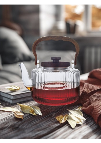 Borosilikat Cam Akasya Saplı Çizgili Demlik 1200 ml (401373)