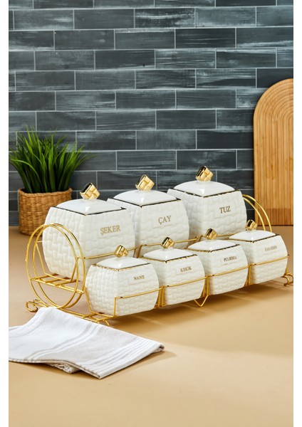 Gold Standlı 7'li Lüks Porselen Baharatlık Seti – Yaldız Desenli