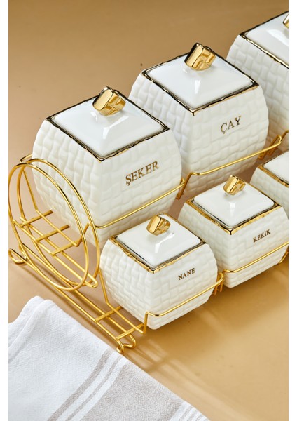 Gold Standlı 7'li Lüks Porselen Baharatlık Seti – Yaldız Desenli fiyatları