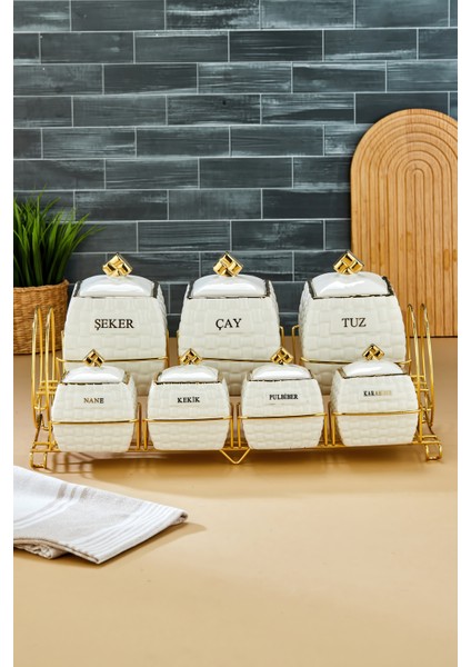 Gold Standlı 7'li Lüks Porselen Baharatlık Seti – Yaldız Desenli modelleri