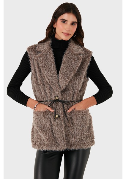 Via Dante Regular Fit Kruvaze Yaka Bağlama Detaylı Kürk Yelek Bayan Yelek 68821807