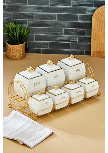 Gold Standlı 7'li Lüks Porselen Baharatlık Seti – Yaldız Desenli fırsatları