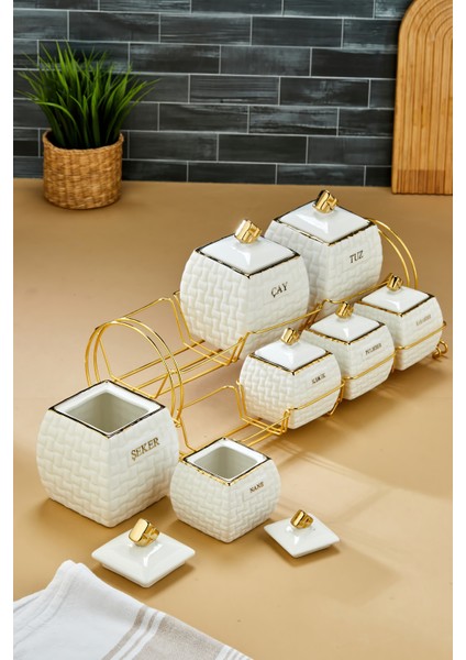 Gold Standlı 7'li Lüks Porselen Baharatlık Seti – Yaldız Desenli indirimleri