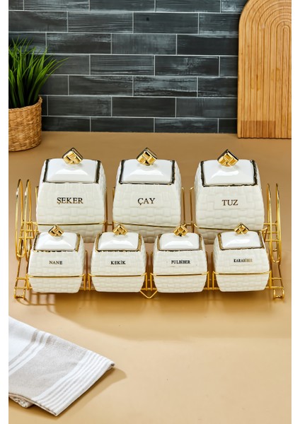 Gold Standlı 7'li Lüks Porselen Baharatlık Seti – Yaldız Desenli