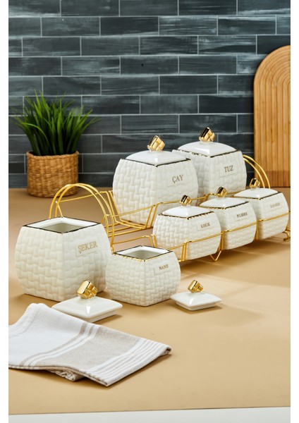 Gold Standlı 7'li Lüks Porselen Baharatlık Seti – Yaldız Desenli