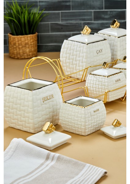 Gold Standlı 7'li Lüks Porselen Baharatlık Seti – Yaldız Desenli