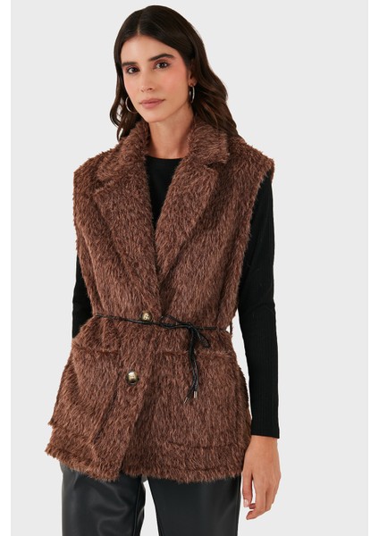 Via Dante Regular Fit Kruvaze Yaka Bağlama Detaylı Kürk Yelek Bayan Yelek 68821807