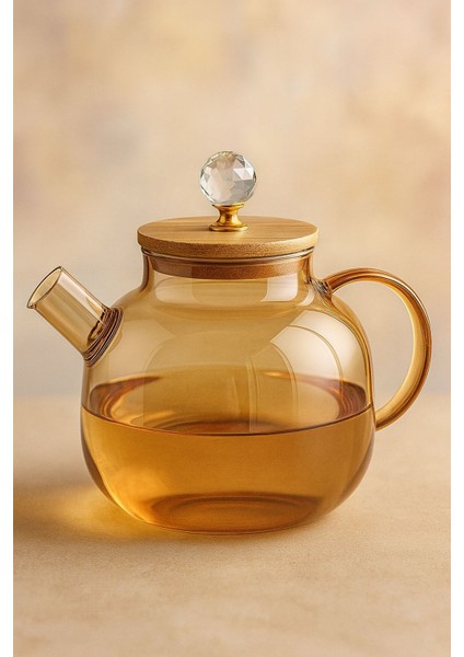 Borosilikat Cam Bambu Kapaklı Kristal Detaylı Bitki Çayı Demliği 1000 ml Amber (Alg)