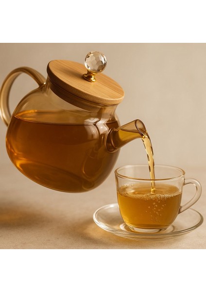 Borosilikat Cam Bambu Kapaklı Kristal Detaylı Bitki Çayı Demliği 1000 ml Amber (Alg) fiyatları