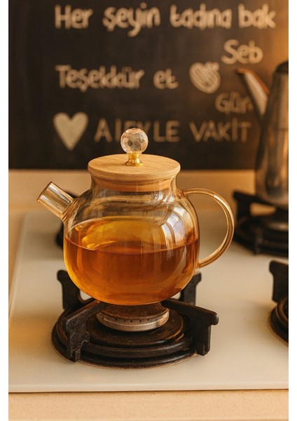 Borosilikat Cam Bambu Kapaklı Kristal Detaylı Bitki Çayı Demliği 1000 ml Amber (Alg) modelleri