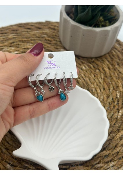 Zirkon Taşlı Silver Çoklu Figür 6’lı Set Küpe