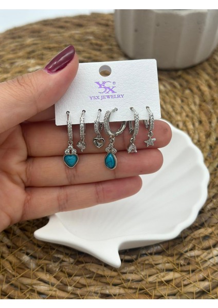 Zirkon Taşlı Silver Çoklu Figür 6’lı Set Küpe fiyatları