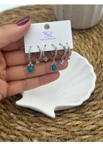 Zirkon Taşlı Silver Çoklu Figür 6’lı Set Küpe