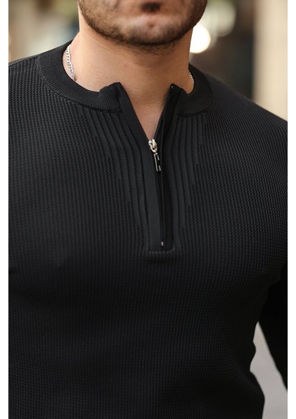Erkek Fermuarlı Bisiklet Yaka Dokulu Uzun Kollu Triko modelleri