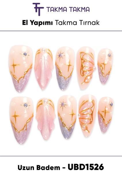 10'lu Ten Uzun Badem UBD1526 Tekrar Kullanılabilir El Yapımı Protez Takma Tırnak Ten Rengi-L
