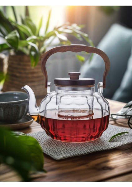 Borosilikat Cam Çizgili Akasya Saplı Cam Demlik 1000 ml (401378)