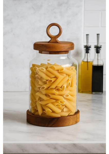 Borosilikat Cam Akasya Kapaklı Erzak Baharat Kavanozu 1100 ml 1 Adet