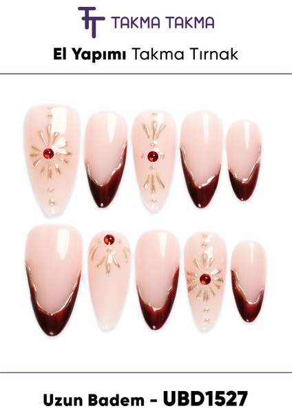 10'lu Ten Uzun Badem UBD1527 Tekrar Kullanılabilir El Yapımı Protez Takma Tırnak Ten Rengi-S