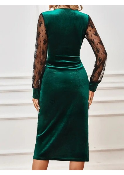 Kadın Uzun Kollu Kruvaze Yakalı Yandan Düğmeli Önden Çapraz Kesin Detaylı Midi Kadife Elbise modelleri