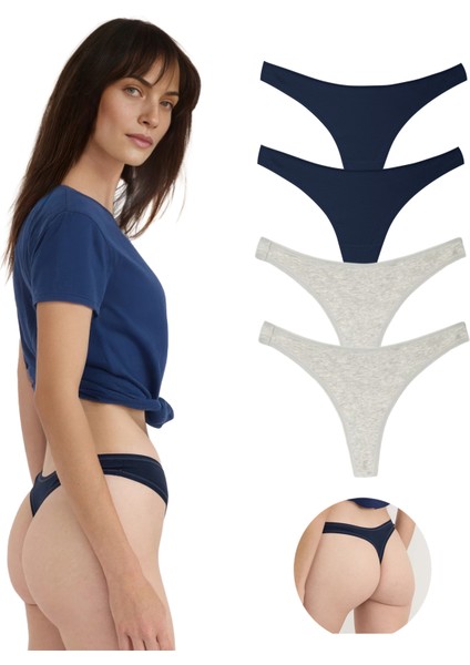 , Pamuklu Basic Tanga Külot, 4'lü Paket, Chiloti, 2 Gri+2 Lacivert, Minimal Şıklık